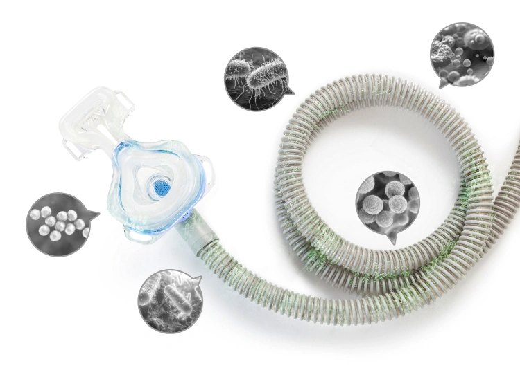 CPAP mask and hose with bacteria illustration