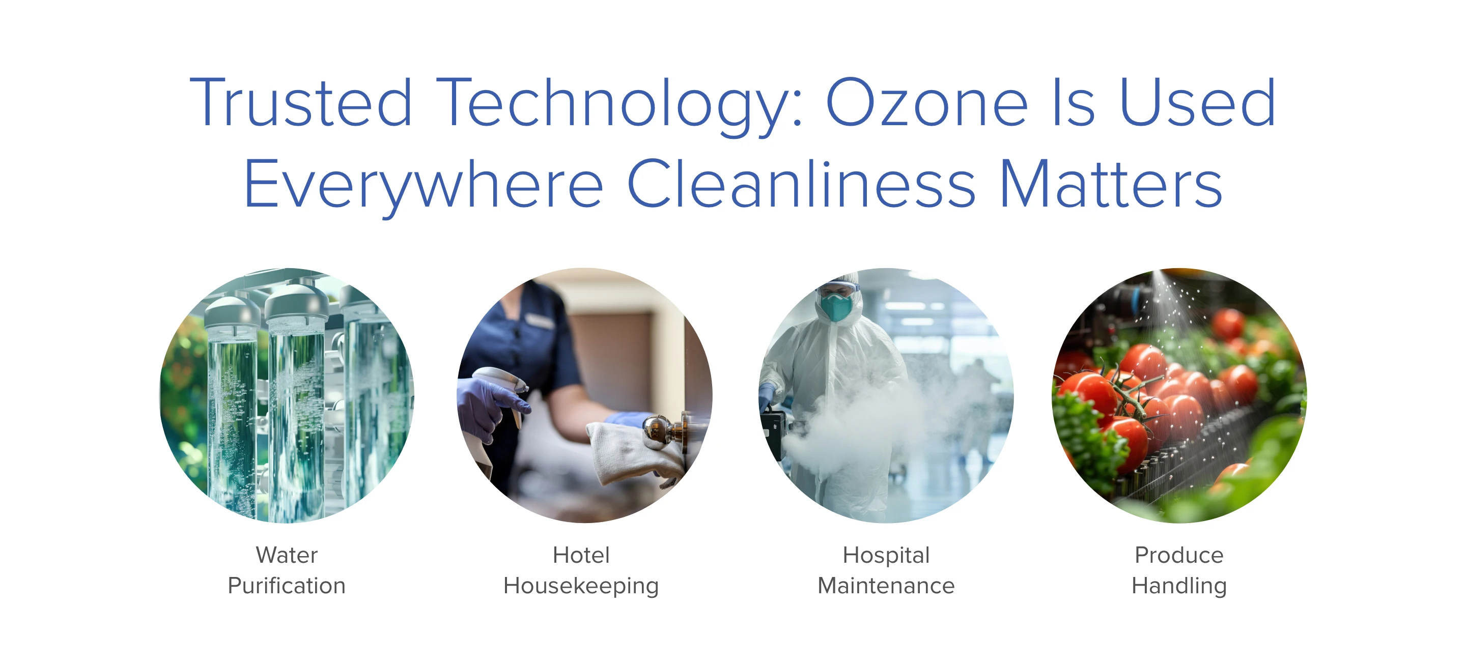Ozone is used for bacterial reduction in water purification, produce handling, hospitality, and hospital maintenance.