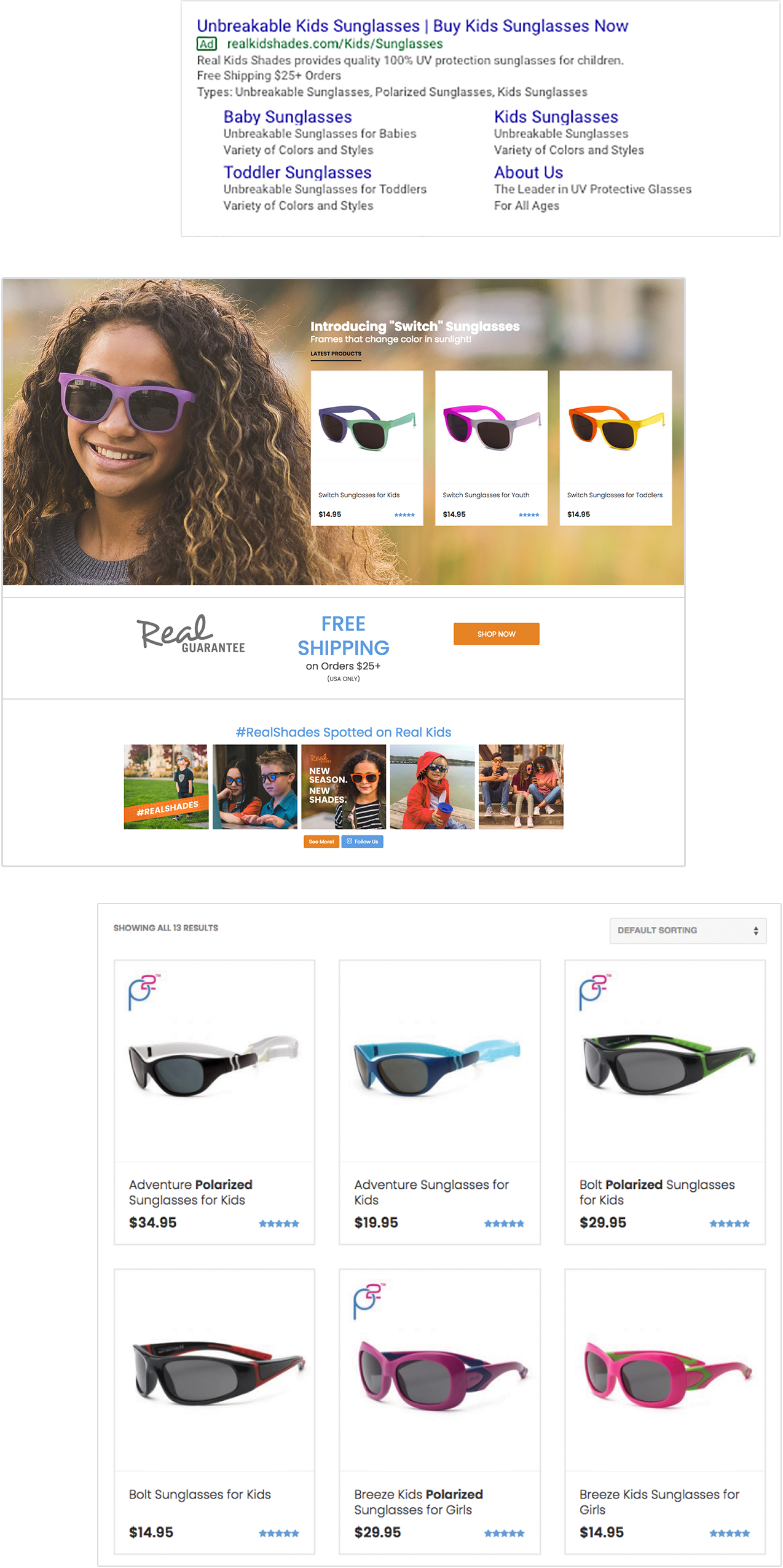 Screenshots of Real Kids Shades website and Google search ad
