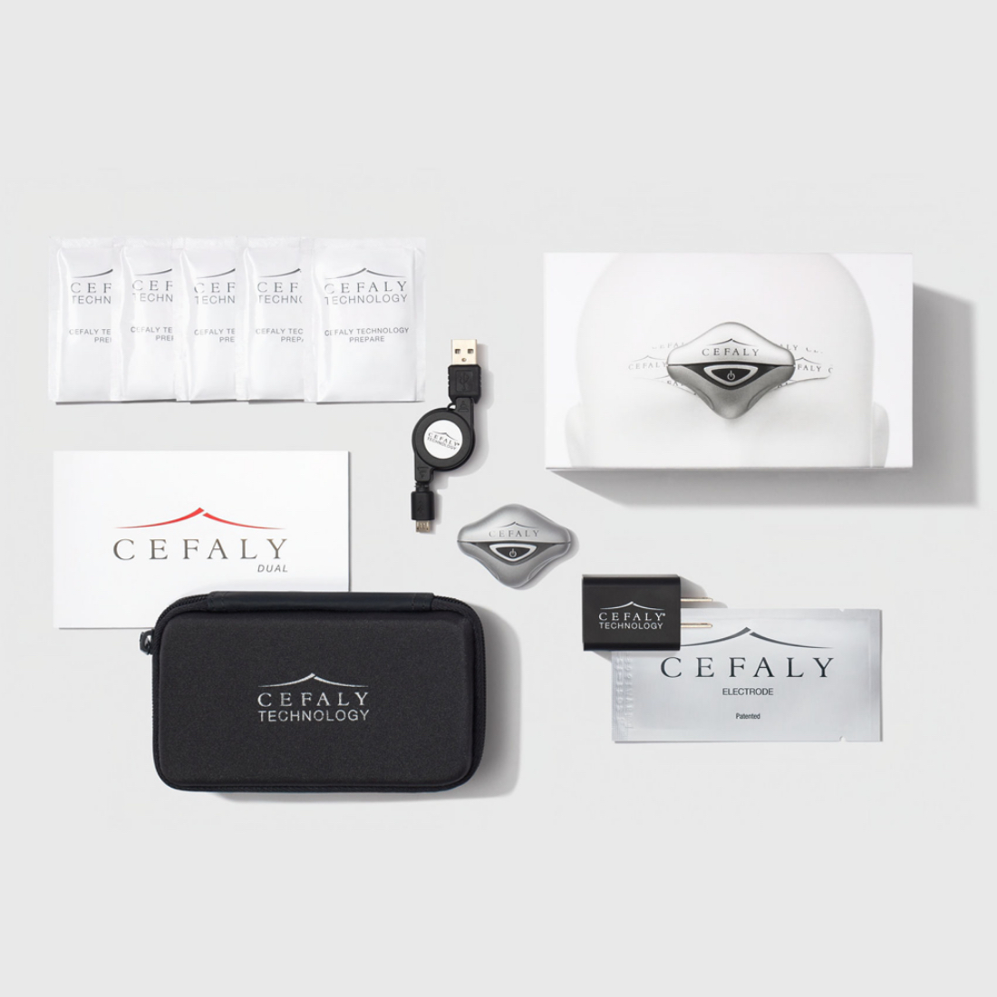 Dispositif de prévention et de traitement de la migraine Cefaly avec électrode disposée sur le bureau