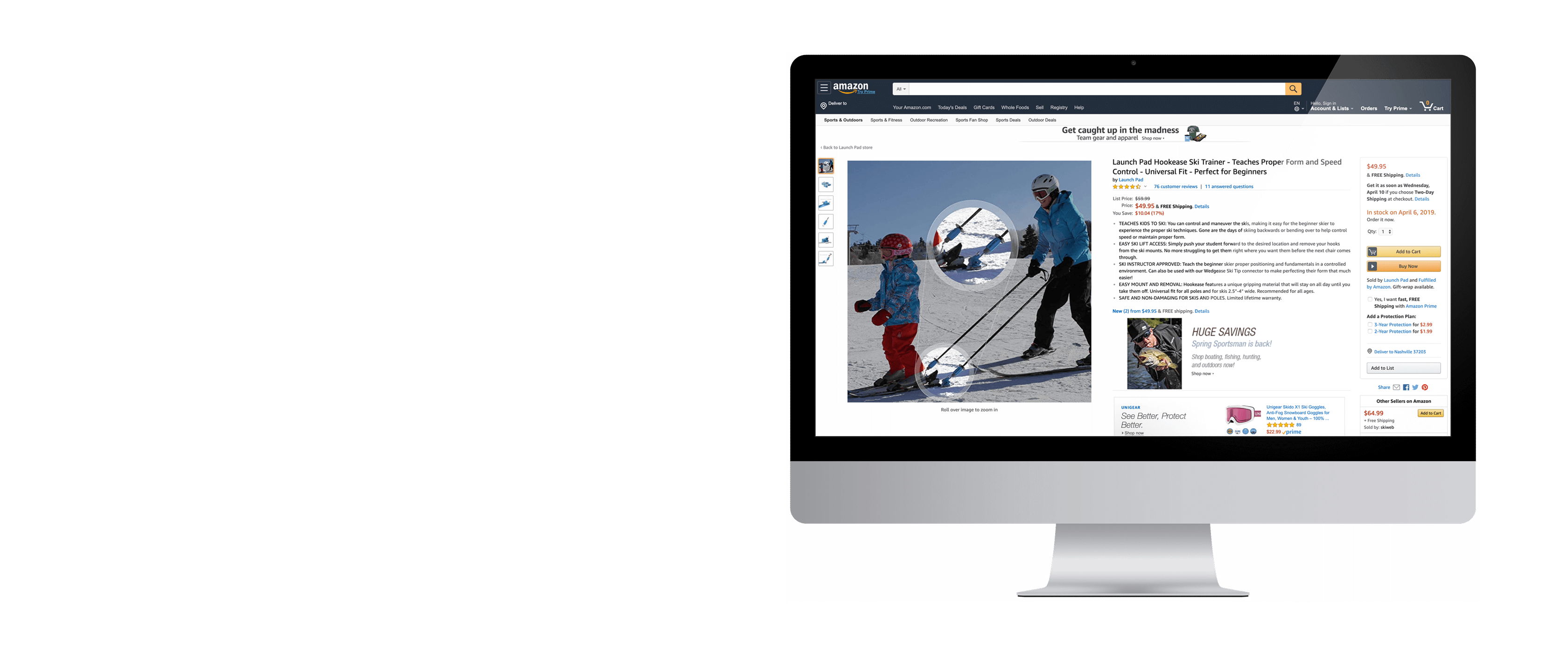Computer showing launch pad hookease ski trainer Amazon product listing