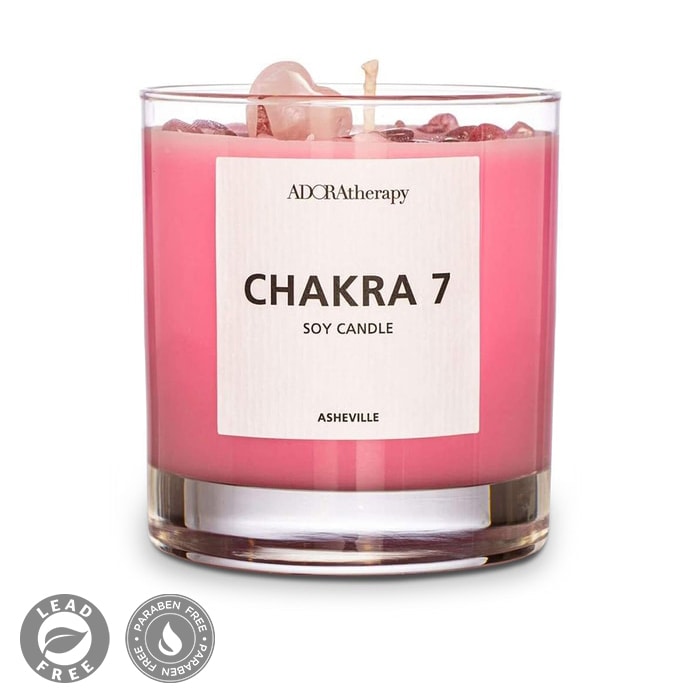 ADORAtherapy Chakra 7 Soy Candle with Strawberry Quartz Gemstones