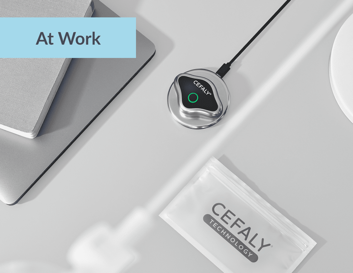 Cefaly Migraine treatment and prevention device with electrode laid out on work desk