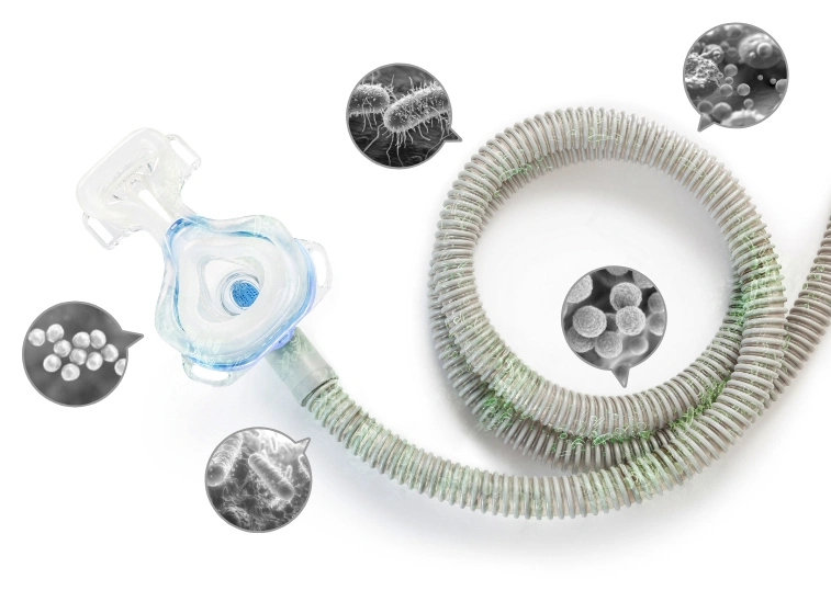 CPAP mask and hose with bacteria illustration