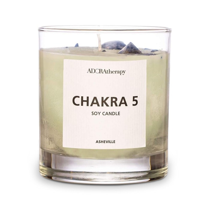 ADORAtherapy Chakra 5 Soy Candle with Lapis Lazuli Gemstones