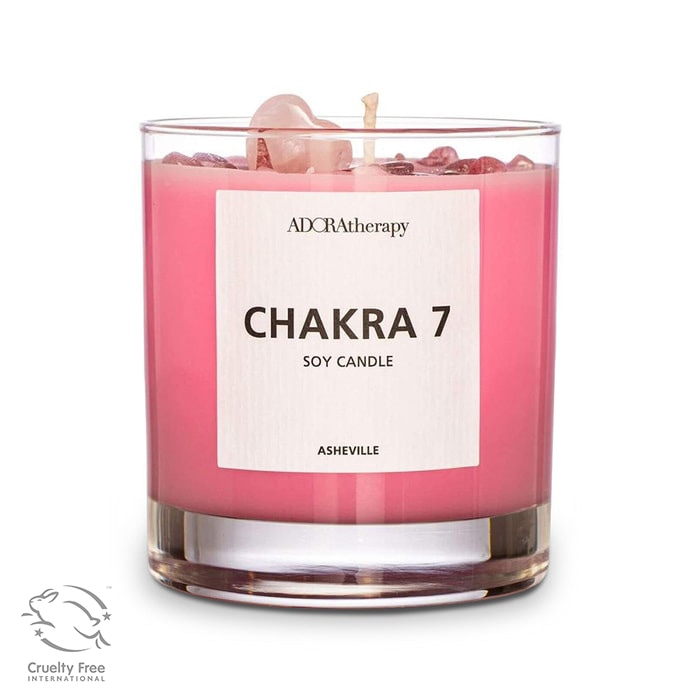 ADORAtherapy Chakra 7 Soy Candle with Strawberry Quartz Gemstones
