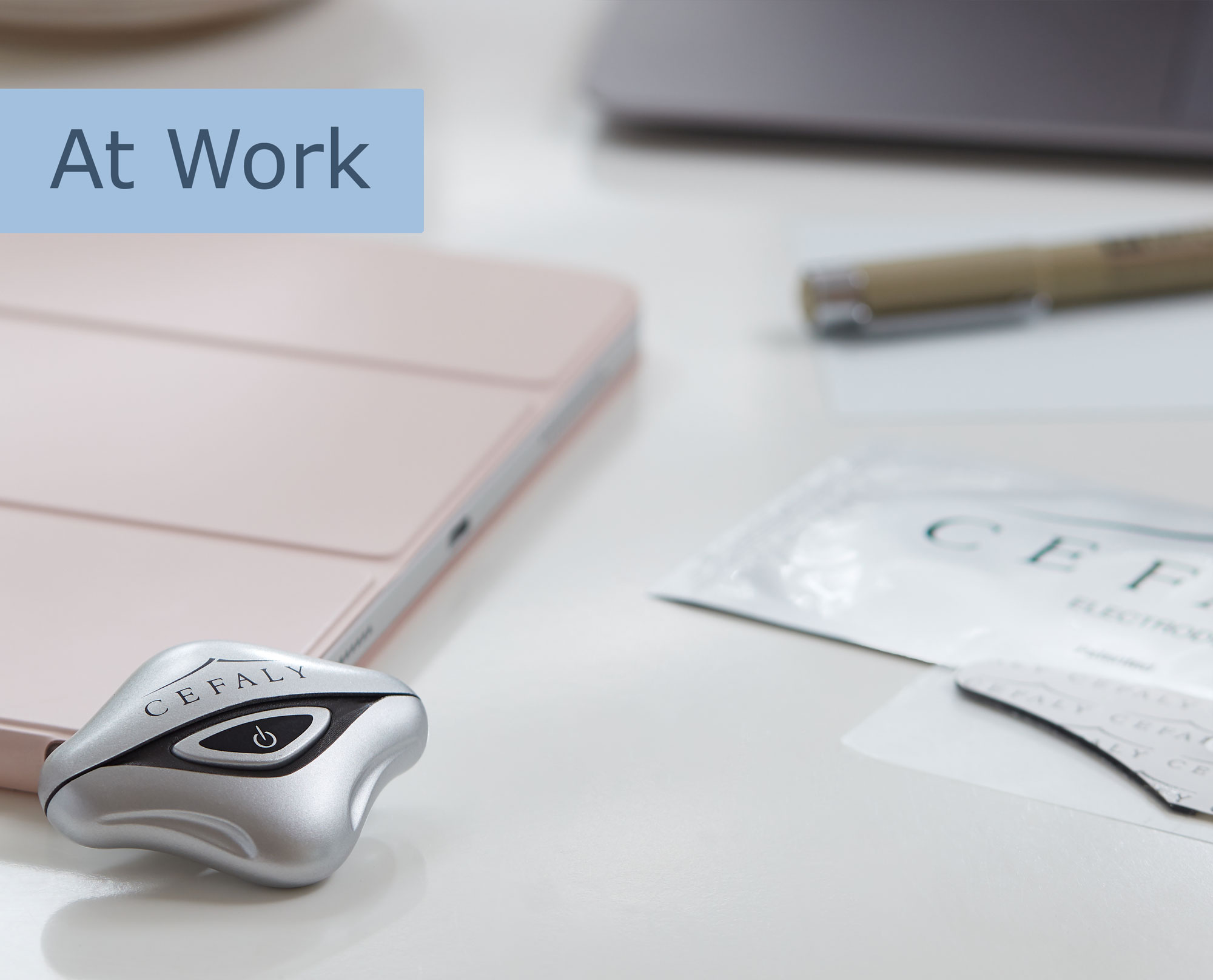 Cefaly Migraine treatment and prevention device with electrode laid out on work desk